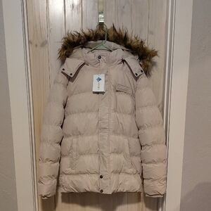 Beige Puffer Jacket with Faux Fur Hood